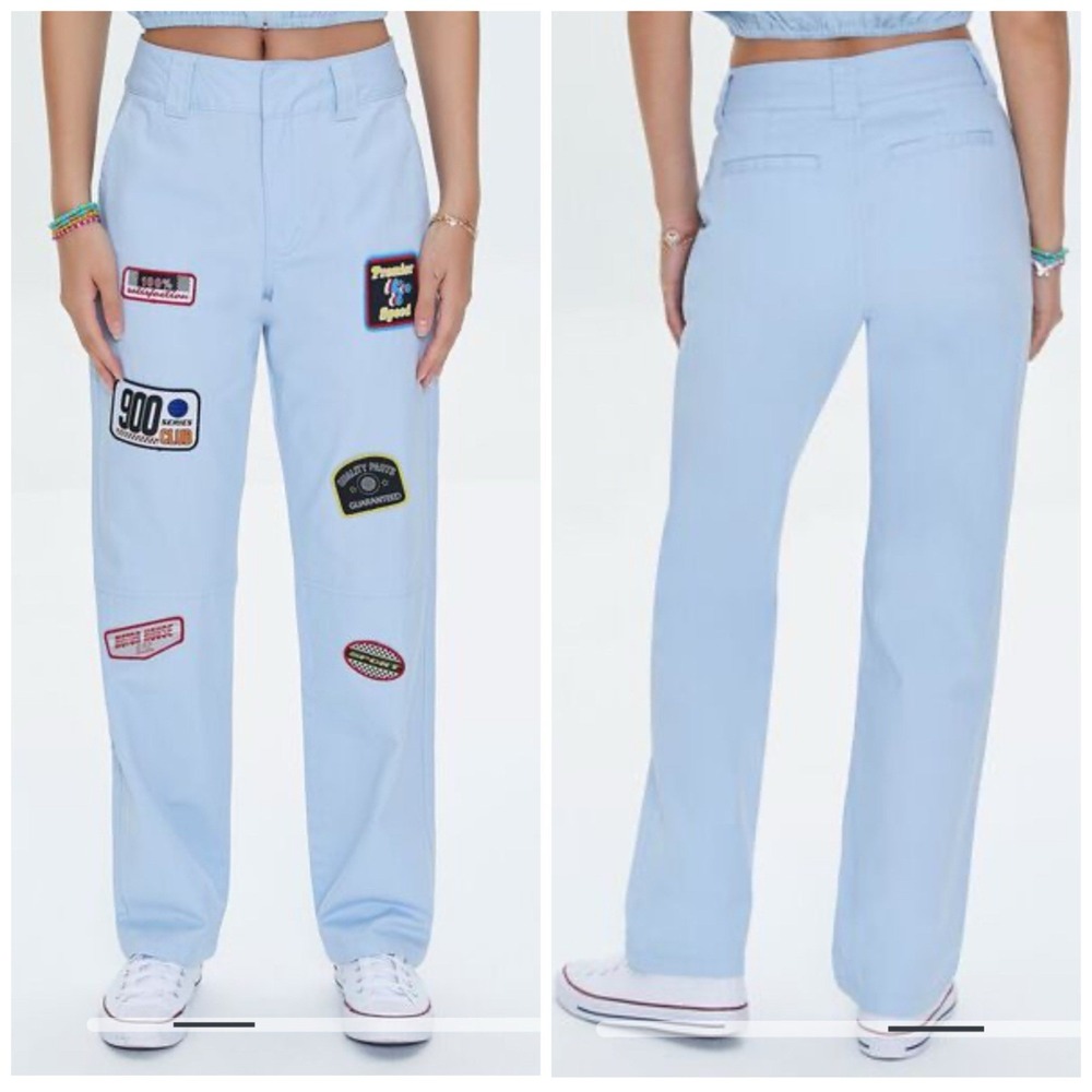 Forever 21 Pants Large 900 Series Club Patch Graphic Racing Wide Leg Twill Chino